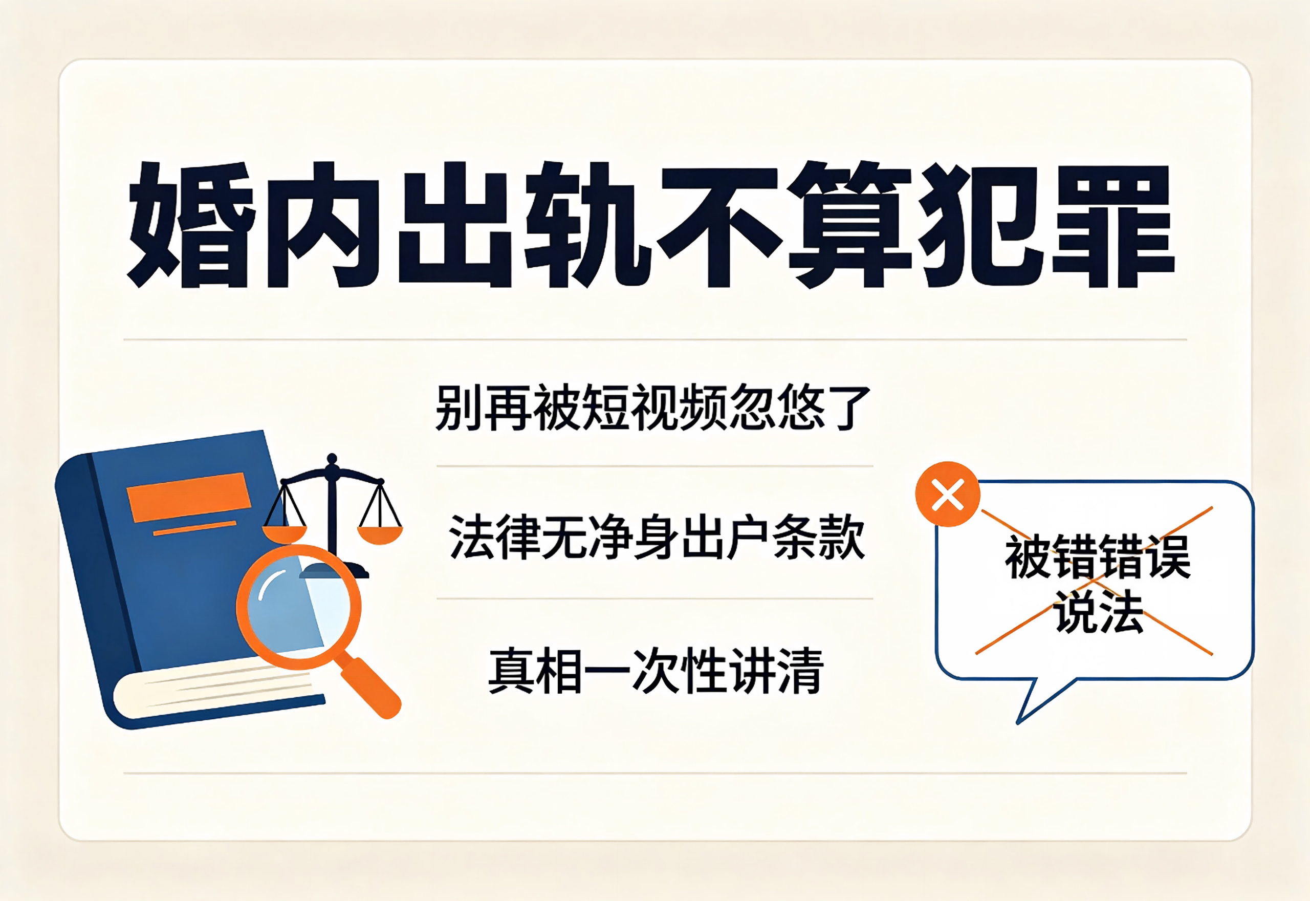 别再被短视频忽悠了，婚内出轨不算犯罪，法律无净身出户条款，真相一次性讲清